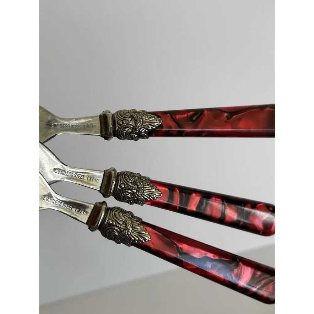 Vtg Forks Stainless 18/8 Flatware Red Mother Pearl Pattern 7 Pcs Preowned